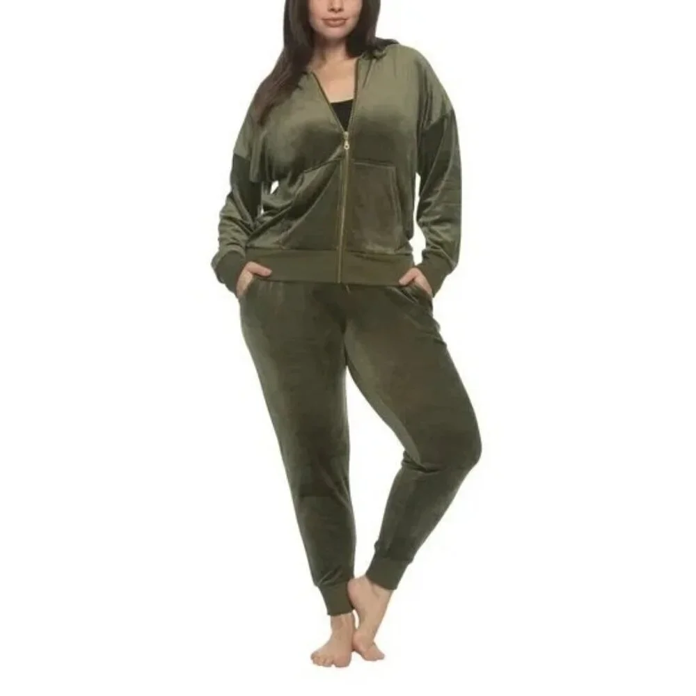 NEW Velour Women's L Hoodie & Jogger Set By Felina Olive Green Soft M0023